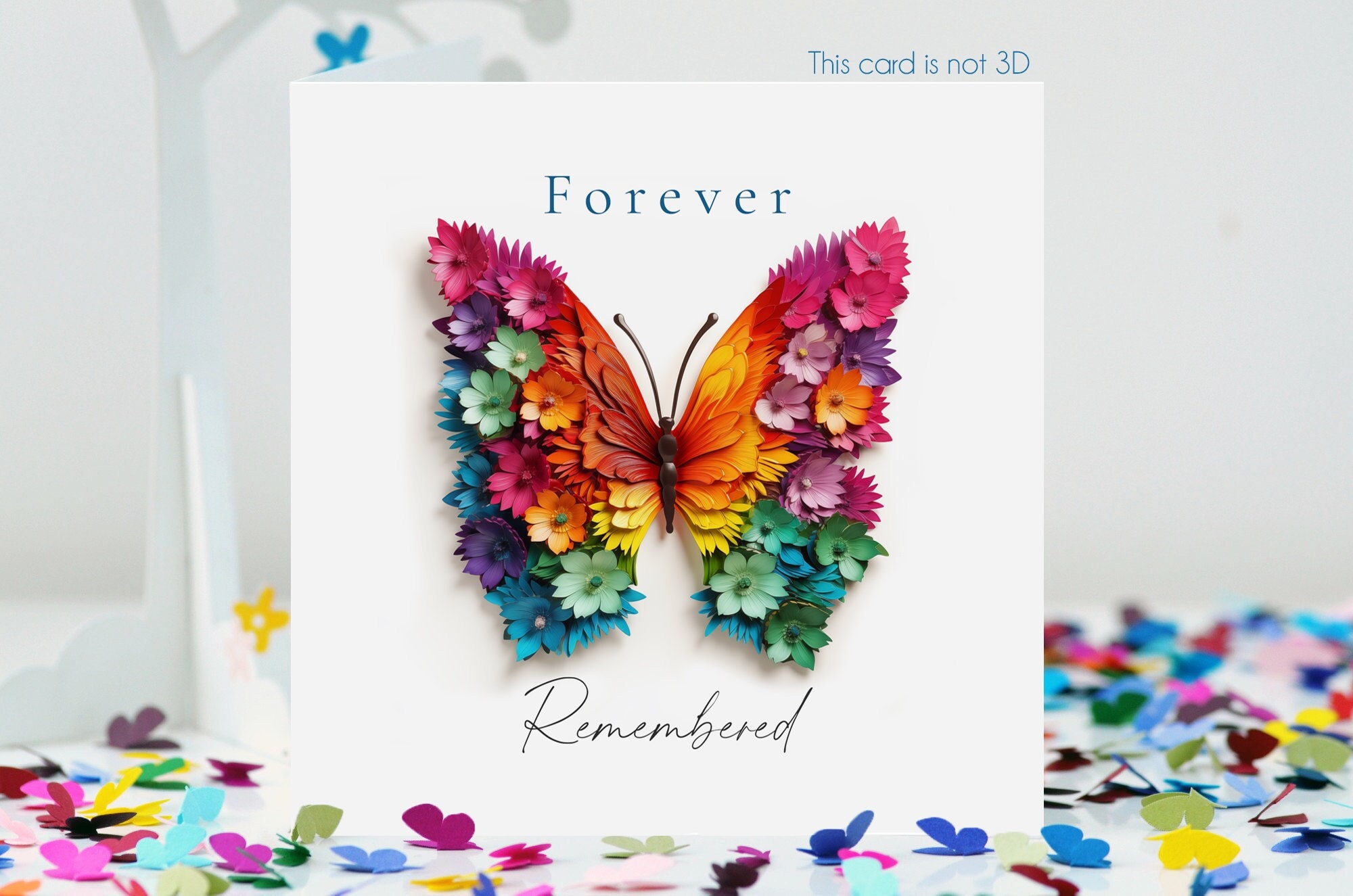Forever Remembered Butterfly Memorial Card with Colourful Flowery Wings (digitally printed, not 3D)