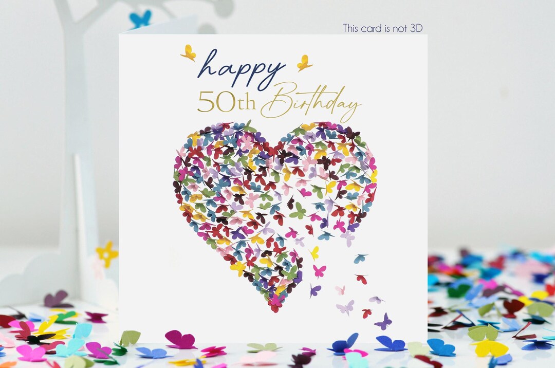 Bellissimi biglietti di compleanno dorati per donne e uomini di 50 anni - Meravigliosa farfalla dorata - Elegante e tradizionale biglietto di compleanno per donna o uomo di 50 anni, 12,7x17,8 cm