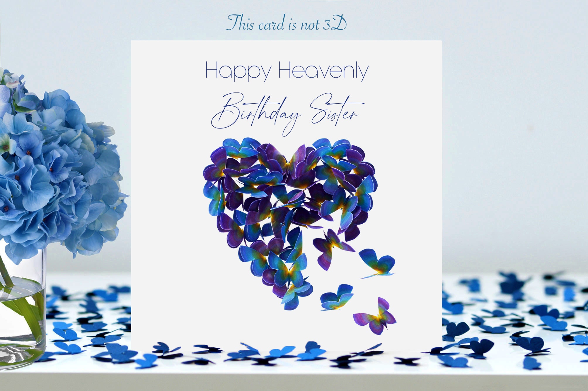 Sister Heavenly Birthday Butterfly Heart Card in Forget Me Not