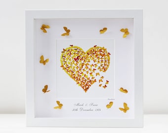 Framed Golden Wedding Anniversary Butterfly Heart Print with Handpainted Gold Butterflies