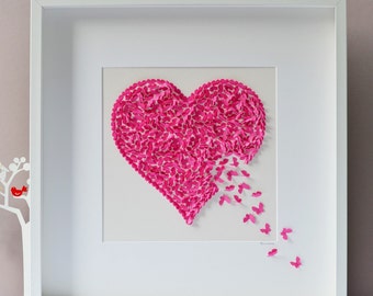 Unique Framed Handmade 3D Feature Wall Shocking Pink Butterfly Heart, choice of colours.