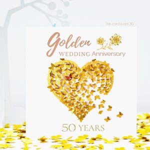 Biglietto d'auguri per anniversario di nozze d'oro con farfalla a forma di cuore, 50 anni