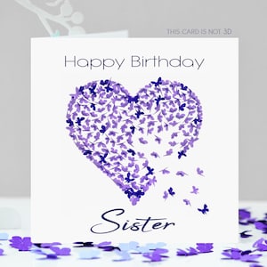 Carte d'anniversaire de soeur, coeur violet, papillons, pas en 3D