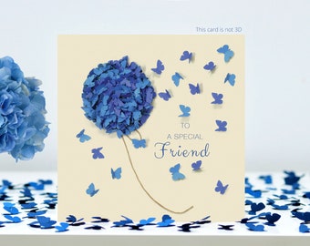Carte spéciale papillons ami papillon et fleur d’hortensia bleue (pas 3D)