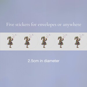 May include: Five stickers for envelopes or anywhere. Each sticker features a colorful floral design of a girl, 2.5cm in diameter. The stickers are on a white rectangular background with a light purple backdrop.