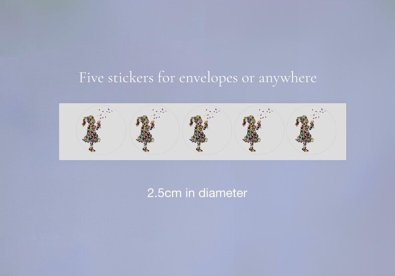 May include: Five stickers for envelopes or anywhere. Each sticker features a colorful floral design of a girl, 2.5cm in diameter. The stickers are on a white rectangular background with a light purple backdrop.