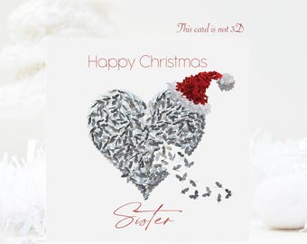 Sister Christmas Silver Butterfly Heart with Santa's Hat Butterflies Card