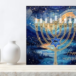 Tarjeta con la Menorá dorada y azul de Feliz Hanukkah