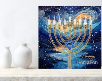 DREI Happy Chanukka Gold und Blau Menora Karte (20% SALE Einzelpreis)
