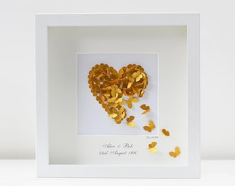 Schmetterling Goldene Hochzeit Jahrestag 3D Herz, gerahmt und handgefertigt, um zu bestellen, total einzigartig