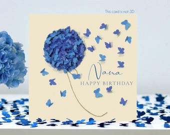 Birthday Nana Blue Hydrangea Butterflies Card (not 3D)