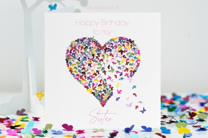 Sister Birthday Butterfly Heart Kaleidoscope of Butterflies Card, not 3D No thank you