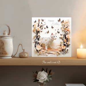 Carte d'anniversaire papillon chat blanc, pas en 3D