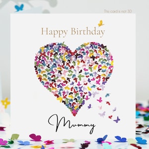 Tarjeta con diseño de mariposas, caleidoscopio y corazón para el cumpleaños de mamá, no 3D.
