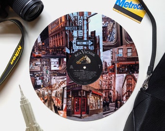 NYC vinylskiva fotocollage - Vintage skiva - Vinylskiva väggkonst - Fotocollage vägg - New York City collage vägg
