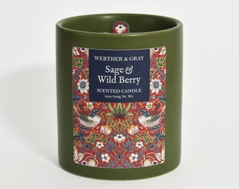SAGE & WILD BERRY, Scented Candle, Vintage Style, William Morris, Aesthetic Movement, Arts and Crafts, Cottagecore Decor, Strawberry Thief