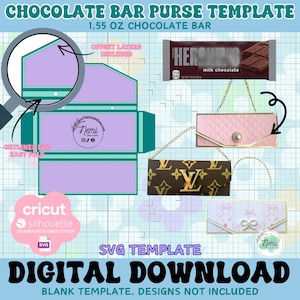 May include: A digital SVG template for a 1.55 oz chocolate bar purse, featuring a flat layout with cut lines, offset layers, and three finished purse examples. The design includes text labels for easy fold lines and compatibility with Cricut and Silhouette machines.