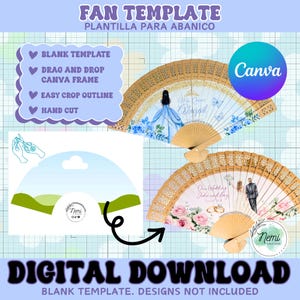 Puede incluir: Una plantilla digital para abanico con un diseño en blanco, que incluye un marco de Canva para arrastrar y soltar, un contorno de corte fácil y una guía de corte manual. El diseño muestra dos abanicos de ejemplo con motivos florales y personajes.