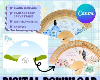 Op de afbeelding: Een digitale waaiersjabloon met een leeg ontwerp, inclusief een drag-and-drop Canva-frame, een eenvoudige snijlijn en een handleiding voor handmatig snijden. Het ontwerp toont twee voorbeeldwaaiers met bloemmotieven en karakterafbeeldingen.
