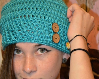Boho Crochet Teal Hat Accessory/ Winter wear/ Birthday Gift/ Christmas Gift/ Gift for Her/ Gift for Mom/ Toboggan/ Beanie/ Girlfriend