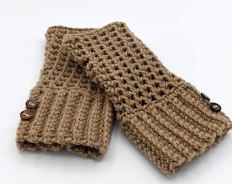 Beige Crocheted Fingerless Gloves with Buttons, Hand Warmers