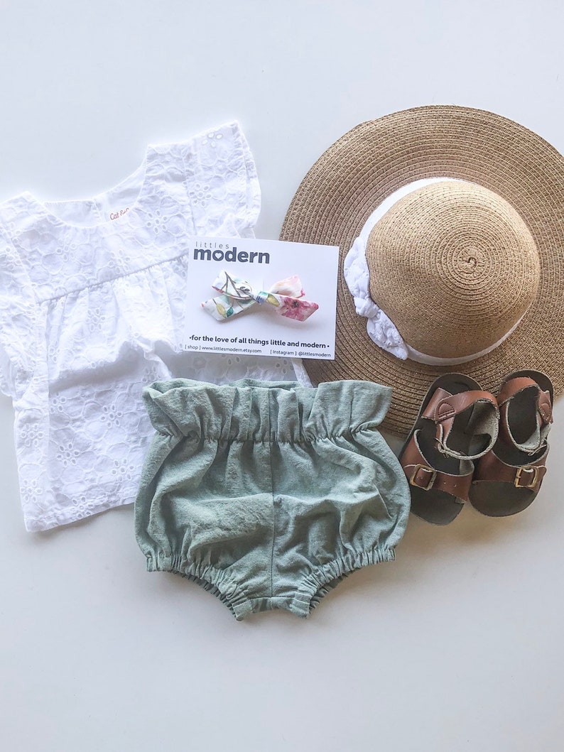 sizes NB-3T easter outfit girls spring fashion diaper cover High waist baby bloomers and toddler bloomers Sage green linen material