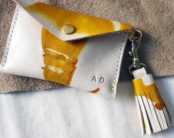 Handmade Tie Dye Leather Card Purse with Tassel Keyring