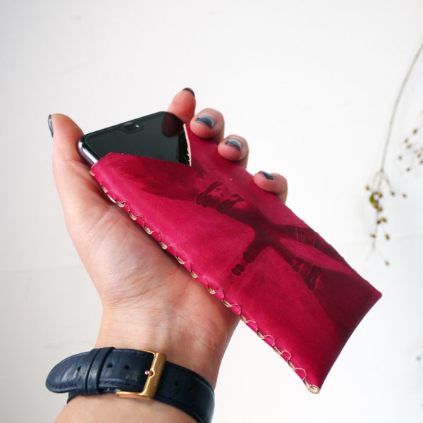Custom Tie Dye Phone Case, Leather Phone Case Sleeve. Pink Phone Holder.  Custom Phone Sleeve