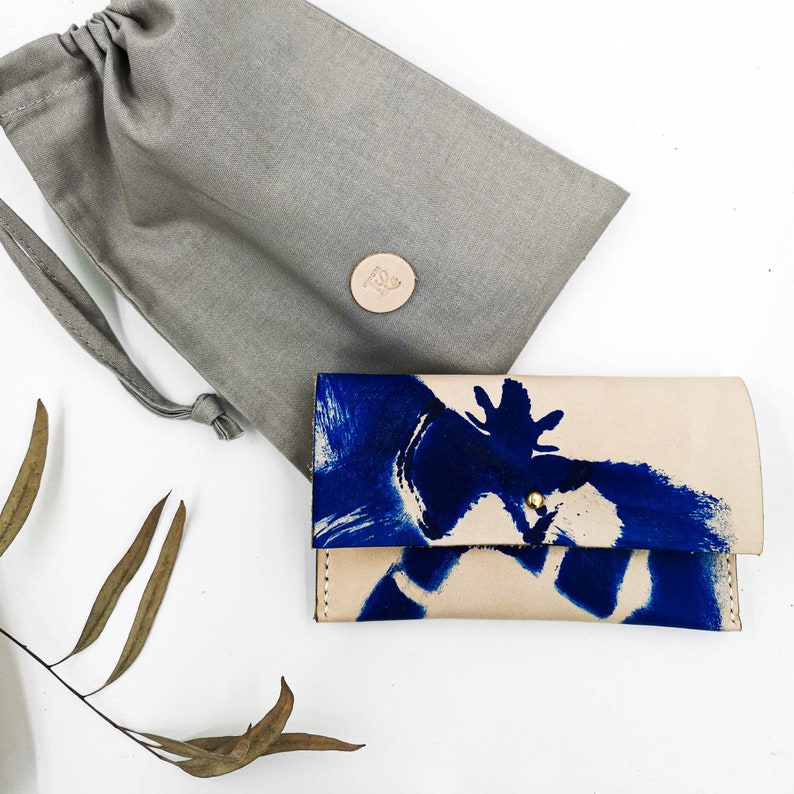 Blue Leather Tie Dye Purse, Leather Ladies Purse, Gift for her.  Coin Wallet