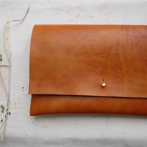 May include: A brown leather clutch with a gold metal clasp.