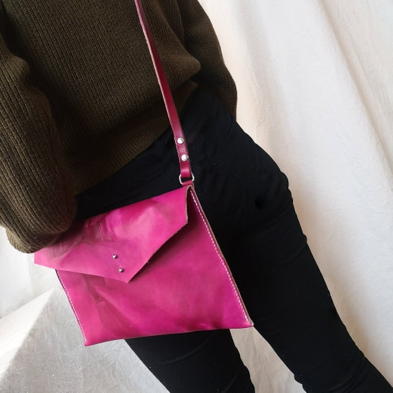 Vibrant Pink Leather Tie Dye Cross Body Bag. Leather Envelope Bag