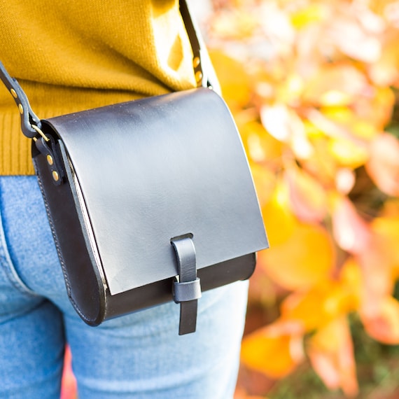 Small Black Handmade Leather Satchel. Small Leather Crossbody 