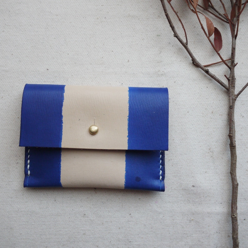 3 compartments Blue leather purse striped leather coin purse Handmade in England