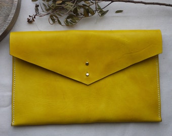 Yellow Leather Clutch Bag, Leather Bag, Ipad Case, Tablet Holder, Envelope Purse. Sunshine Yellow Woman's Bag.  Made in England