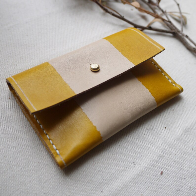 Yellow striped leather purse Handmade in England 3 compartments