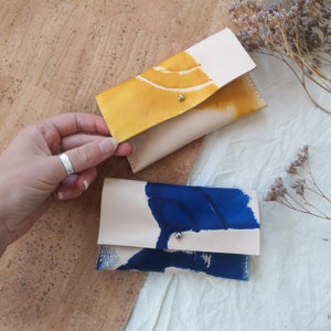 Yellow Leather Tie Dye Purse, Blue Leather Ladies Purse, Gift for her.  Coin Wallet