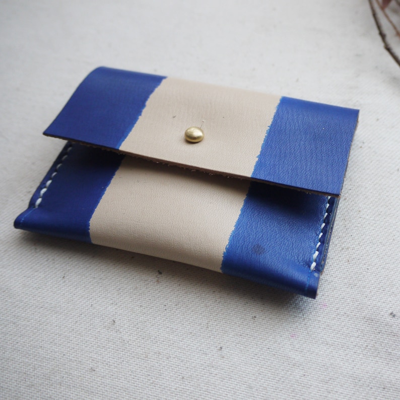 3 compartments Blue leather purse striped leather coin purse Handmade in England