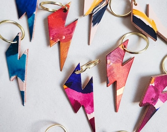 Hand-Painted Leather Lightning Bolt Keyring: Brass Bag Charm