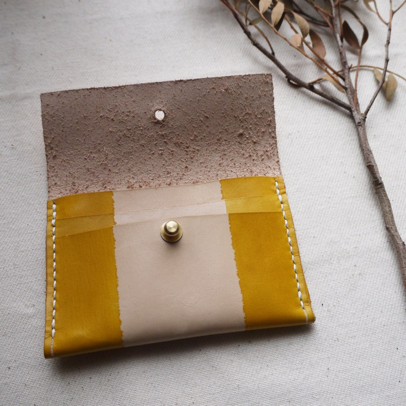 Yellow striped leather purse Handmade in England 3 compartments