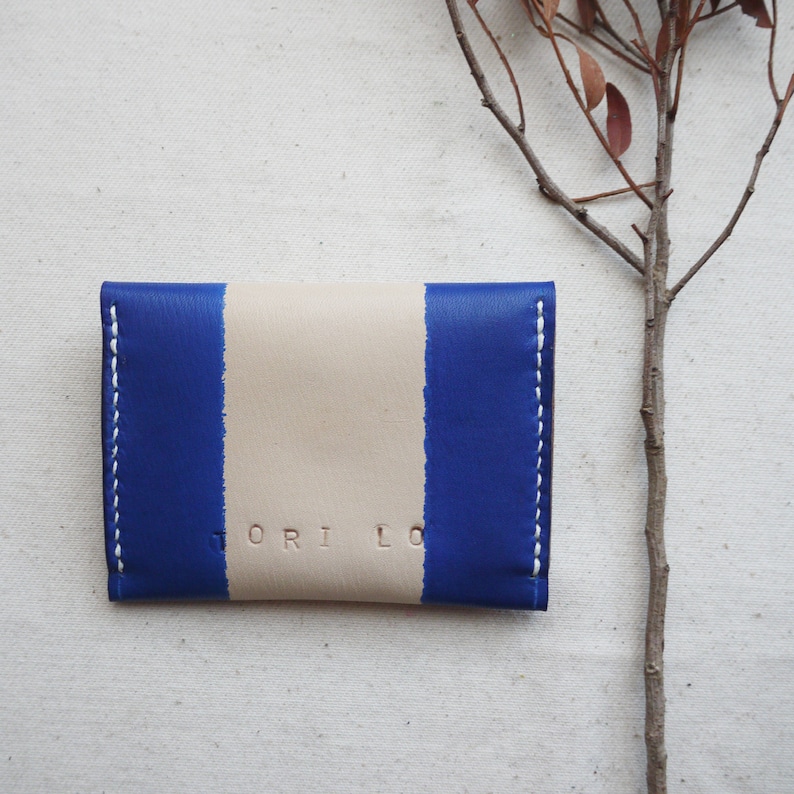 3 compartments Blue leather purse striped leather coin purse Handmade in England