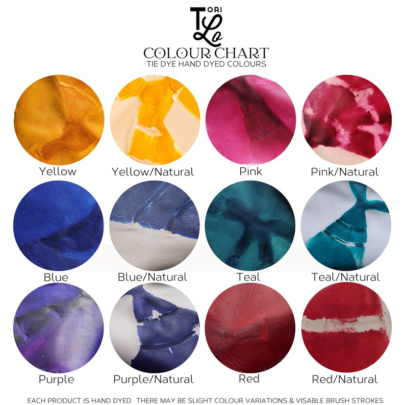 May include: Color chart featuring tie-dye hand-dyed colors. The chart displays samples in yellow, pink, blue, teal, purple, and red, each paired with a natural variant. The text reads "COLOUR CHART TIE DYE HAND DYED COLOURS" and "EACH PRODUCT IS HAND DYED."