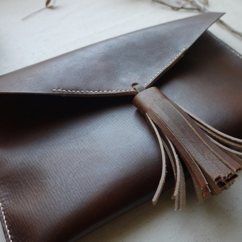 Dark brown leather tassel clutch bag | Etsy