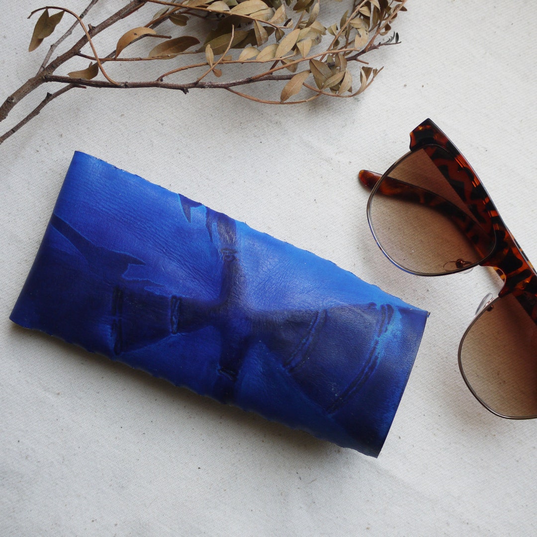 Leather Glasses Case, Tie Dye Leather Glasses Sleeve. Blue Glasses Case
