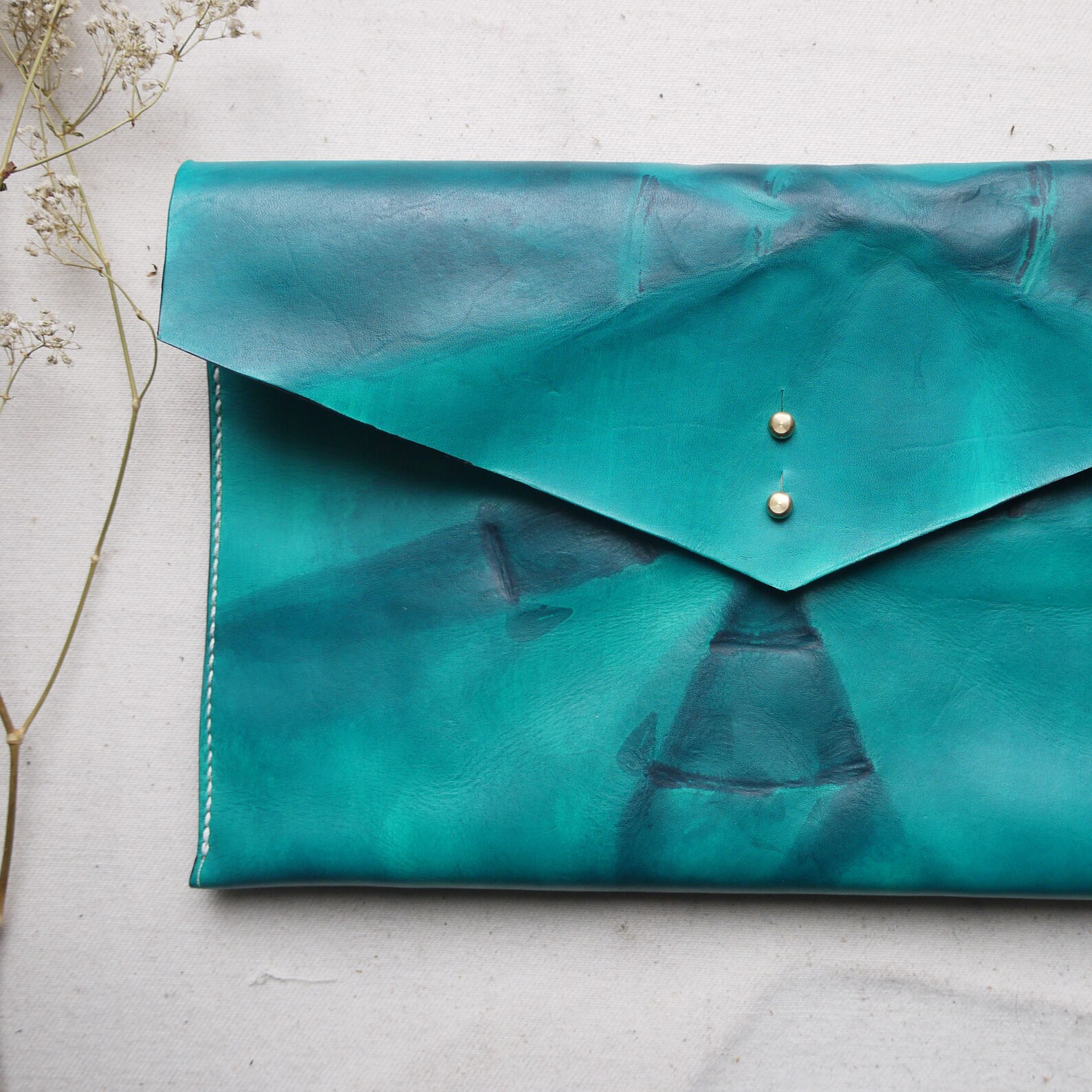 Tie dye teal leather clutch bag. Tie dye leather bag. Etsy