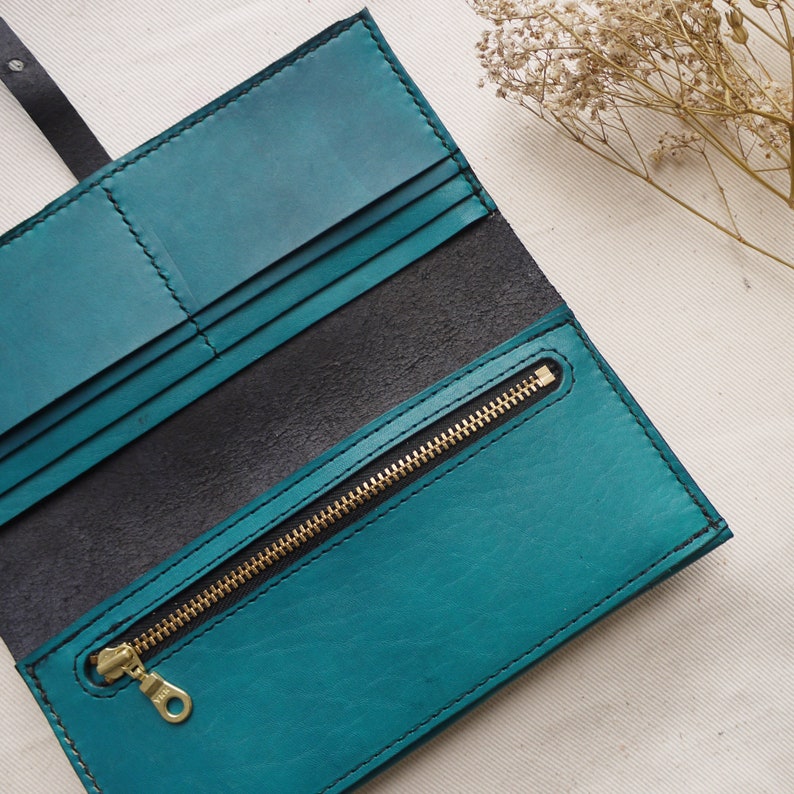 Teal Leather Bi-fold Purse Extra Card Compartments. Hand Dyed - Etsy
