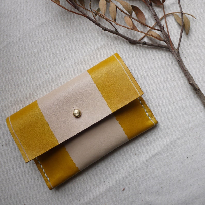 Yellow striped leather purse Handmade in England 3 compartments