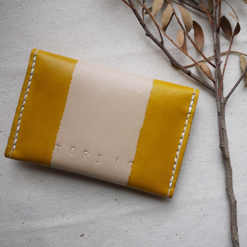 Yellow striped leather purse Handmade in England 3 compartments