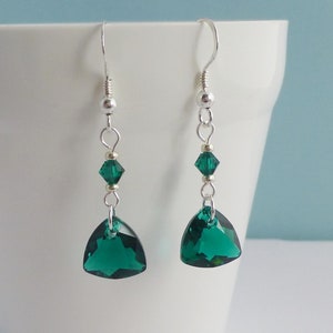 Emerald Green Triangular Crystal Dangle Earrings with Option of Either Fishhook or Leverback Earwires