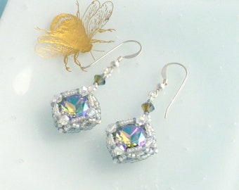 Vintage Style Rainbow Crystal Dangle Earrings with Sterling Silver Earwires
