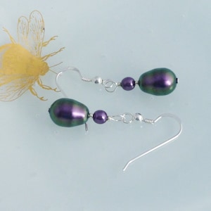 Iridescent Purple Glass Pearl Drop Earrings with Crystal Glass Pearls and Sterling Silver Earwires image 1